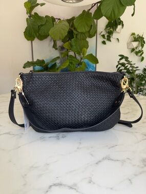 Quince Italian Leather Convertible Crescent Handwoven Shoulder Bag Black Large